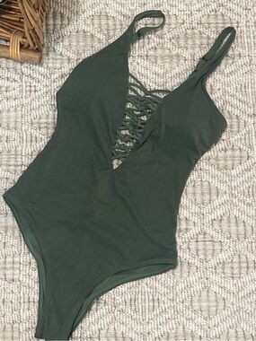 One-Piece Swimsuit in olive green with Lace-Up Front and Back detail